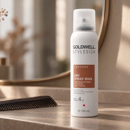 Goldwell StyleSign Texture Dry Spray Wax 150 ml na półce obok ciemnego grzebienia.