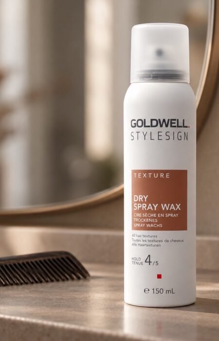 Goldwell StyleSign Texture Dry Spray Wax 150 ml na półce obok ciemnego grzebienia.