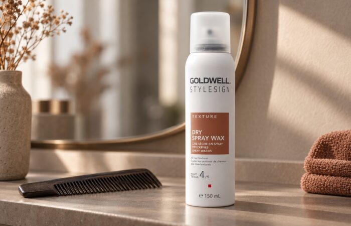 Goldwell StyleSign Texture Dry Spray Wax 150 ml na półce obok ciemnego grzebienia.