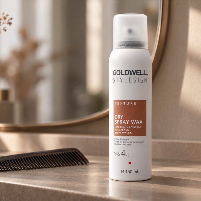 Goldwell StyleSign Texture Dry Spray Wax 150 ml na półce obok ciemnego grzebienia.