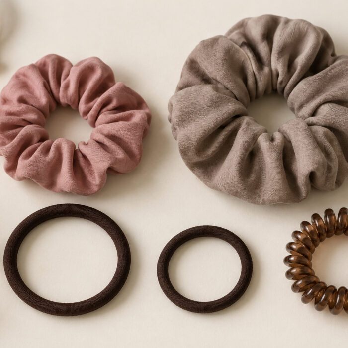 Dwie materiałowe scrunchie, dwie gumki w osłonie i brązowa spiralka ułożone na jasnym tle.