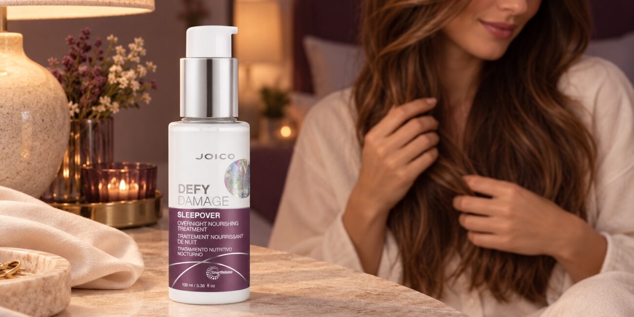 Joico Defy Damage Sleepover 100 ml na toaletce przy kobiecie z długimi włosami