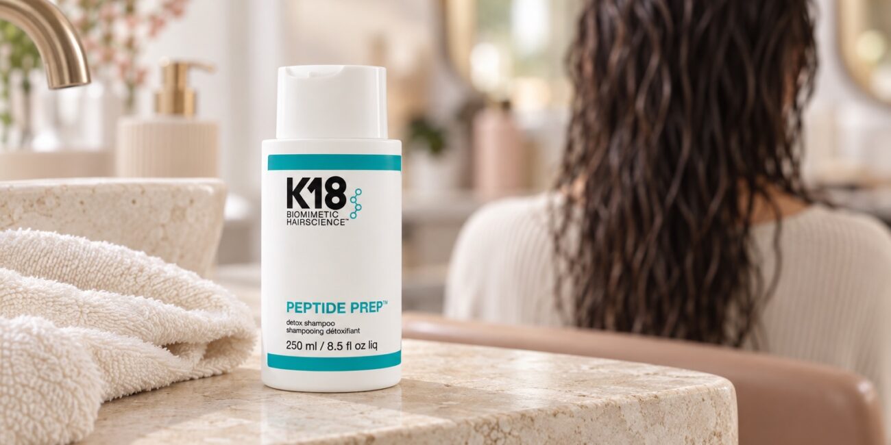 Butelka K18 Peptide Prep Detox Shampoo 250 ml obok ręcznika, z wilgotnymi włosami w tle