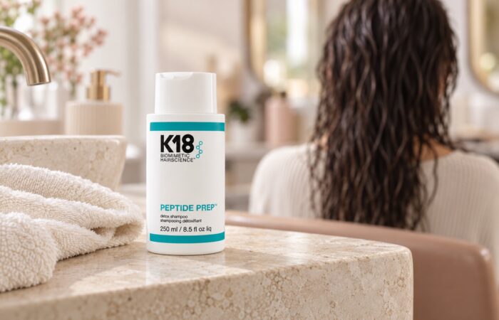 Butelka K18 Peptide Prep Detox Shampoo 250 ml obok ręcznika, z wilgotnymi włosami w tle
