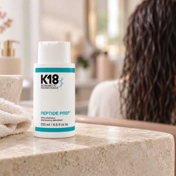 Butelka K18 Peptide Prep Detox Shampoo 250 ml obok ręcznika, z wilgotnymi włosami w tle