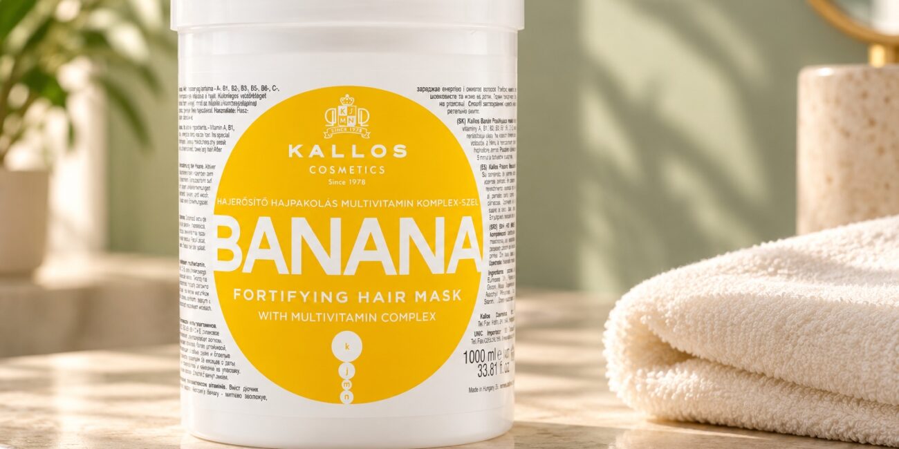 Biały słoik maski Kallos Banana z żółtą etykietą obok jasnego ręcznika