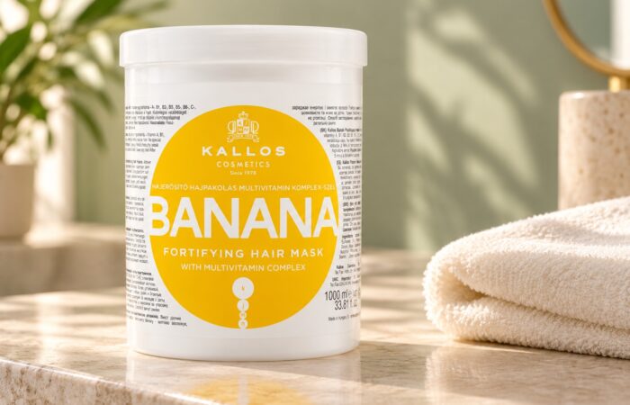 Biały słoik maski Kallos Banana z żółtą etykietą obok jasnego ręcznika