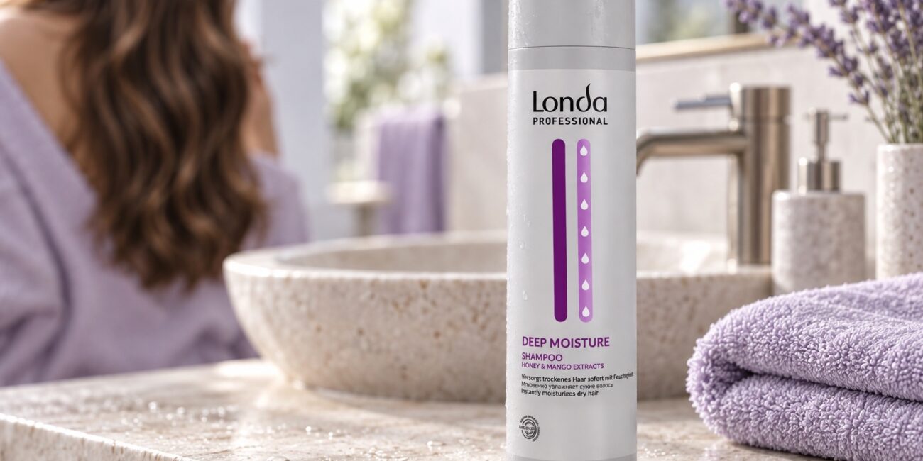Szampon Londa Deep Moisture na jasnym blacie obok ręcznika