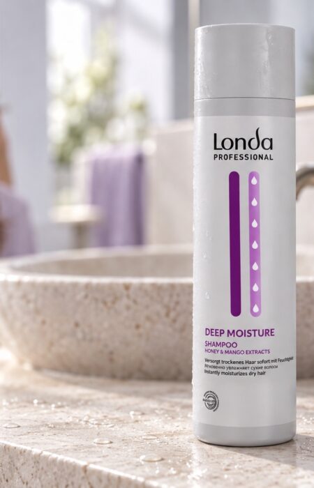 Szampon Londa Deep Moisture na jasnym blacie obok ręcznika