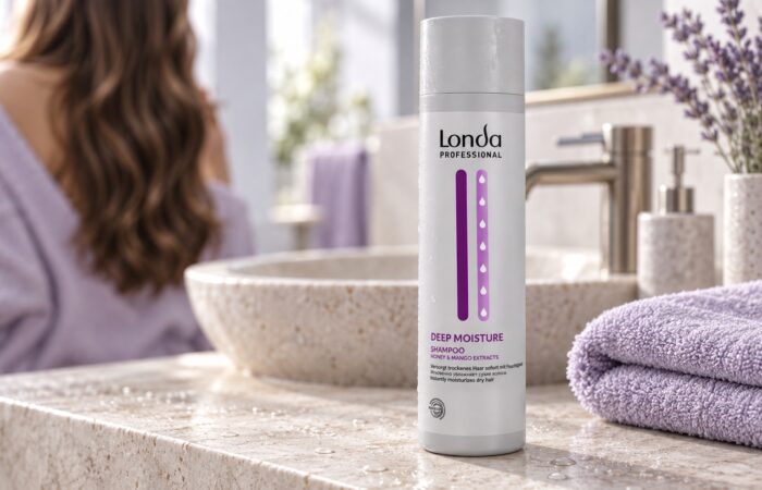 Szampon Londa Deep Moisture na jasnym blacie obok ręcznika