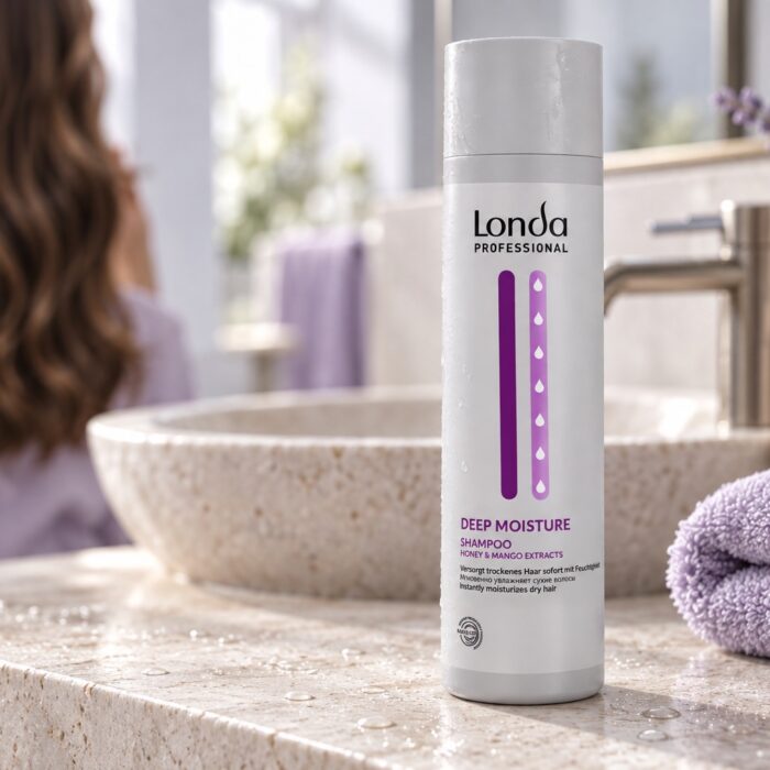 Szampon Londa Deep Moisture na jasnym blacie obok ręcznika