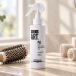 Biała butelka L’Oréal Tecni.ART Pli obok szczotki i wałków do modelowania włosów