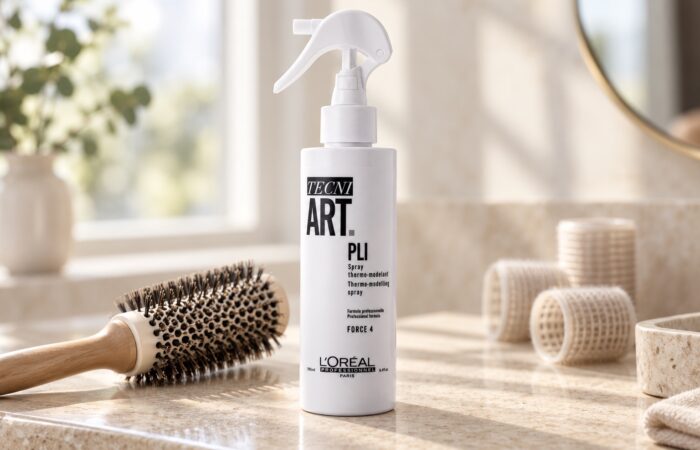 Biała butelka L’Oréal Tecni.ART Pli obok szczotki i wałków do modelowania włosów