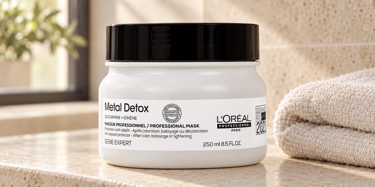 Słoik maski L’Oréal Metal Detox 250 ml z czarną pokrywką obok złożonego ręcznika.