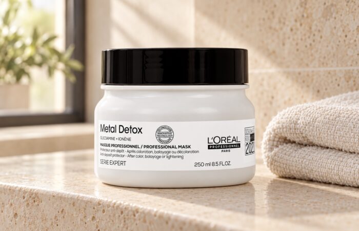 Słoik maski L’Oréal Metal Detox 250 ml z czarną pokrywką obok złożonego ręcznika.