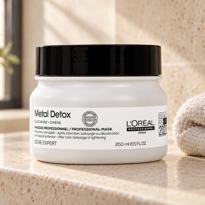 Słoik maski L’Oréal Metal Detox 250 ml z czarną pokrywką obok złożonego ręcznika.