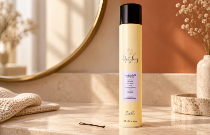 Lakier Milk Shake Medium Hold Hairspray 500 ml na jasnej toaletce