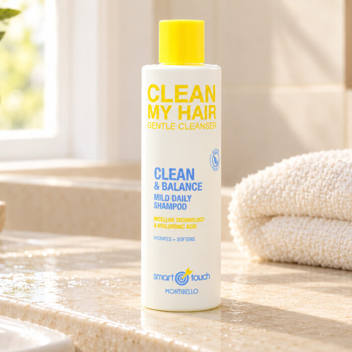 Biała butelka Montibello Clean My Hair z żółtą nakrętką na jasnym blacie obok ręcznika.