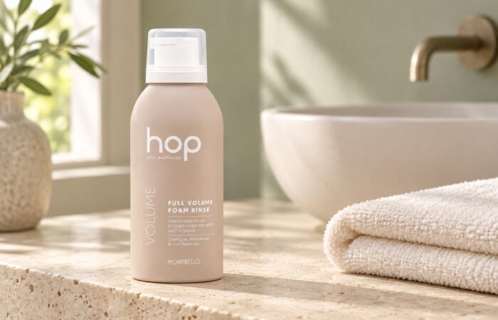 Odżywka Montibello HOP Full Volume Foam Rinse przy jasnym ręczniku i umywalce