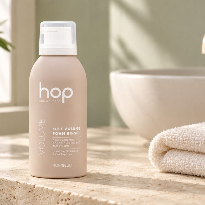 Odżywka Montibello HOP Full Volume Foam Rinse przy jasnym ręczniku i umywalce