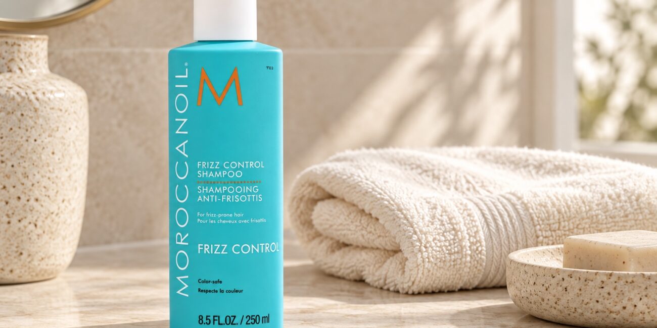 Moroccanoil Frizz Control Shampoo 250 ml na jasnym blacie obok kremowego ręcznika