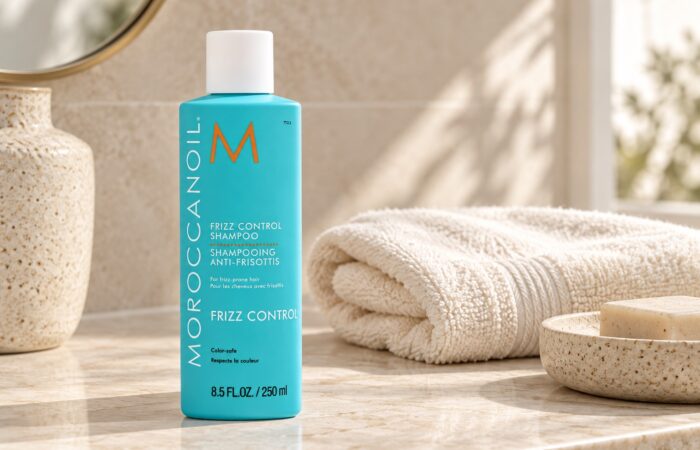 Moroccanoil Frizz Control Shampoo 250 ml na jasnym blacie obok kremowego ręcznika