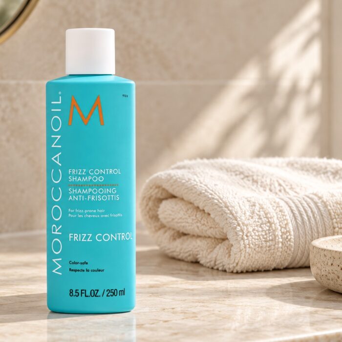 Moroccanoil Frizz Control Shampoo 250 ml na jasnym blacie obok kremowego ręcznika