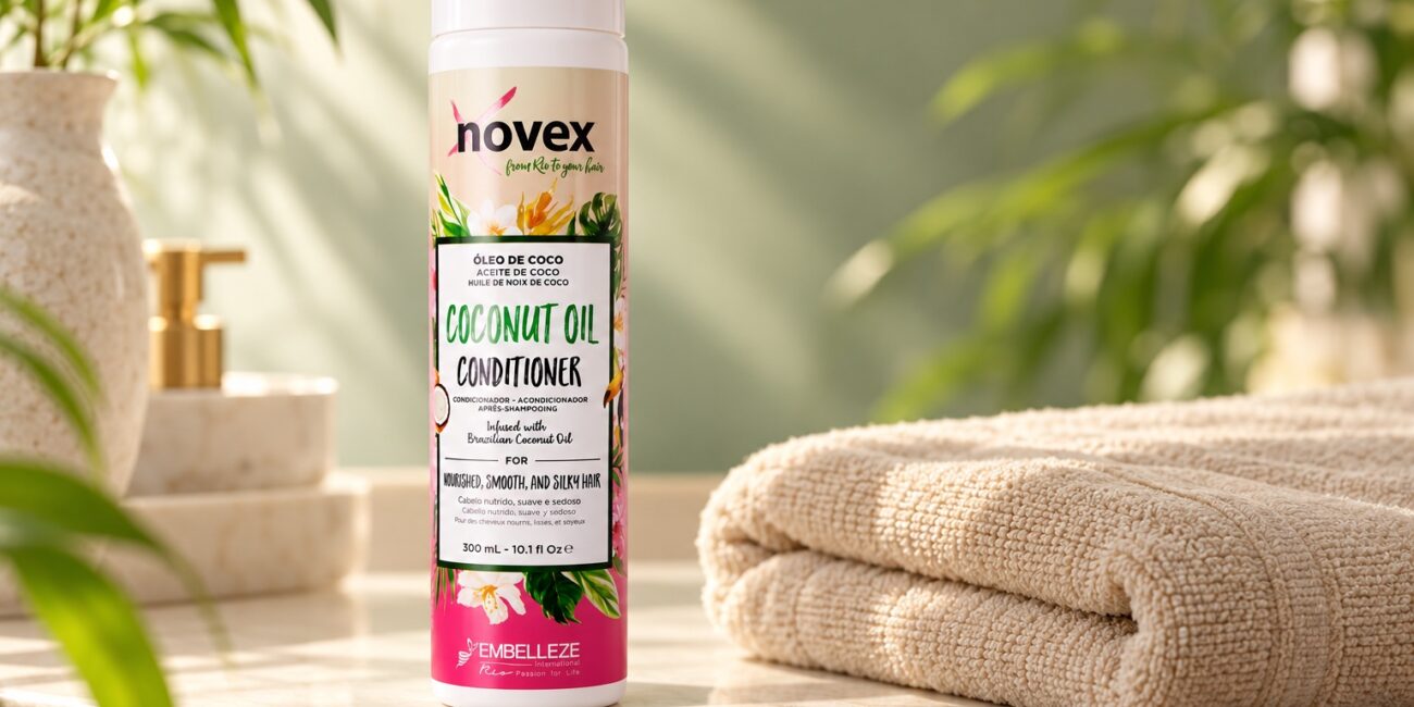 Butelka odżywki Novex Coconut Oil 300 ml na jasnej półce obok ręcznika.