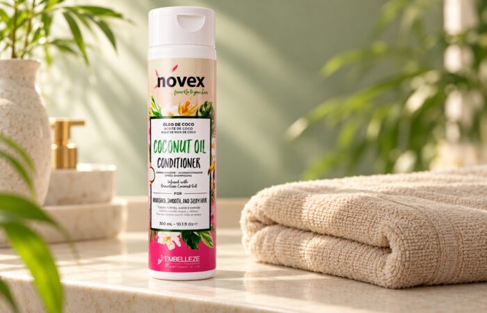 Butelka odżywki Novex Coconut Oil 300 ml na jasnej półce obok ręcznika.