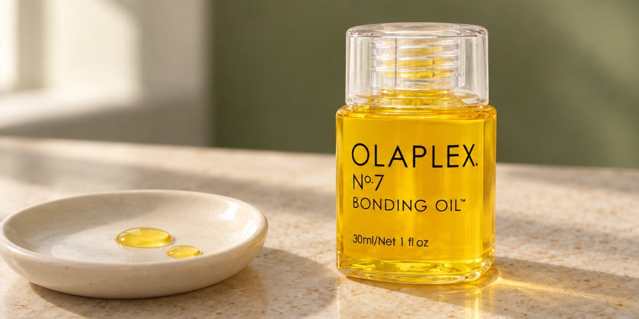 Butelka Olaplex No.7 Bonding Oil 30 ml i dwie krople olejku na ceramicznym naczyniu