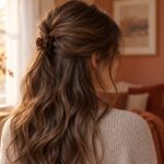 Półupięcie brązowych włosów klamrą z luźnymi długościami, widok od tyłu