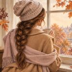 Ilustracja kobiety w czapce z luźnym długim warkoczem ułożonym na szalu przy jesiennym oknie
