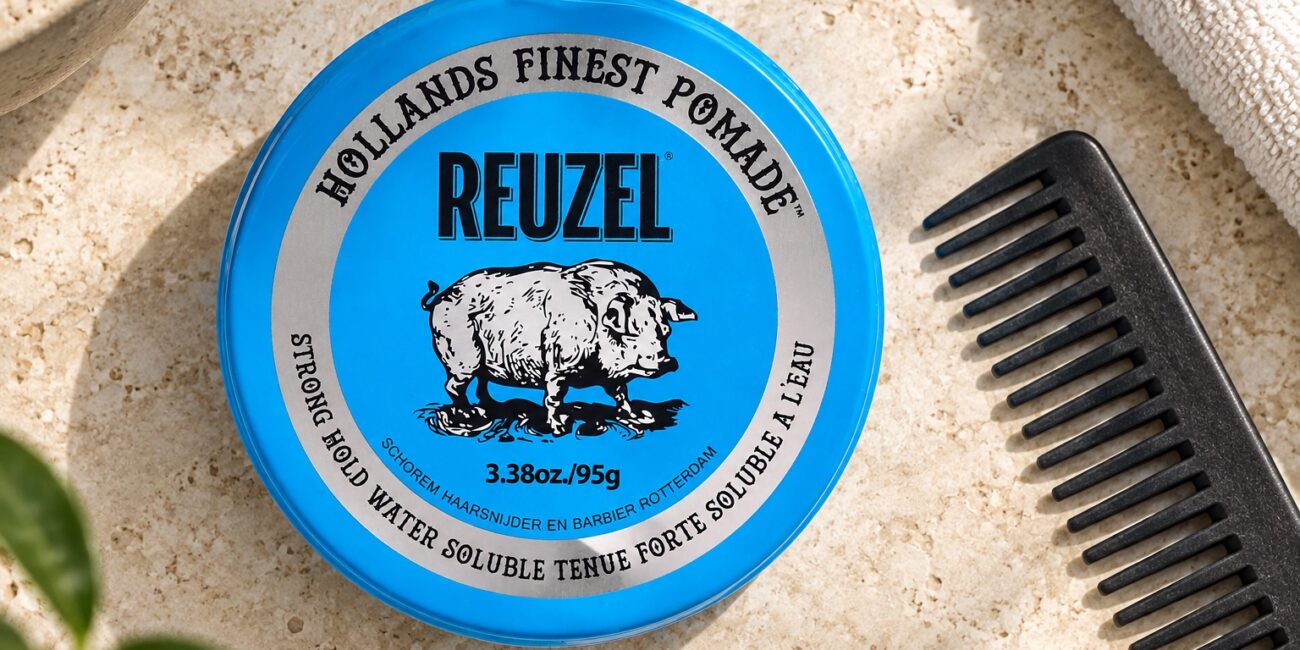 Niebieska puszka Reuzel Strong Hold Water Soluble 95 g obok grzebienia.