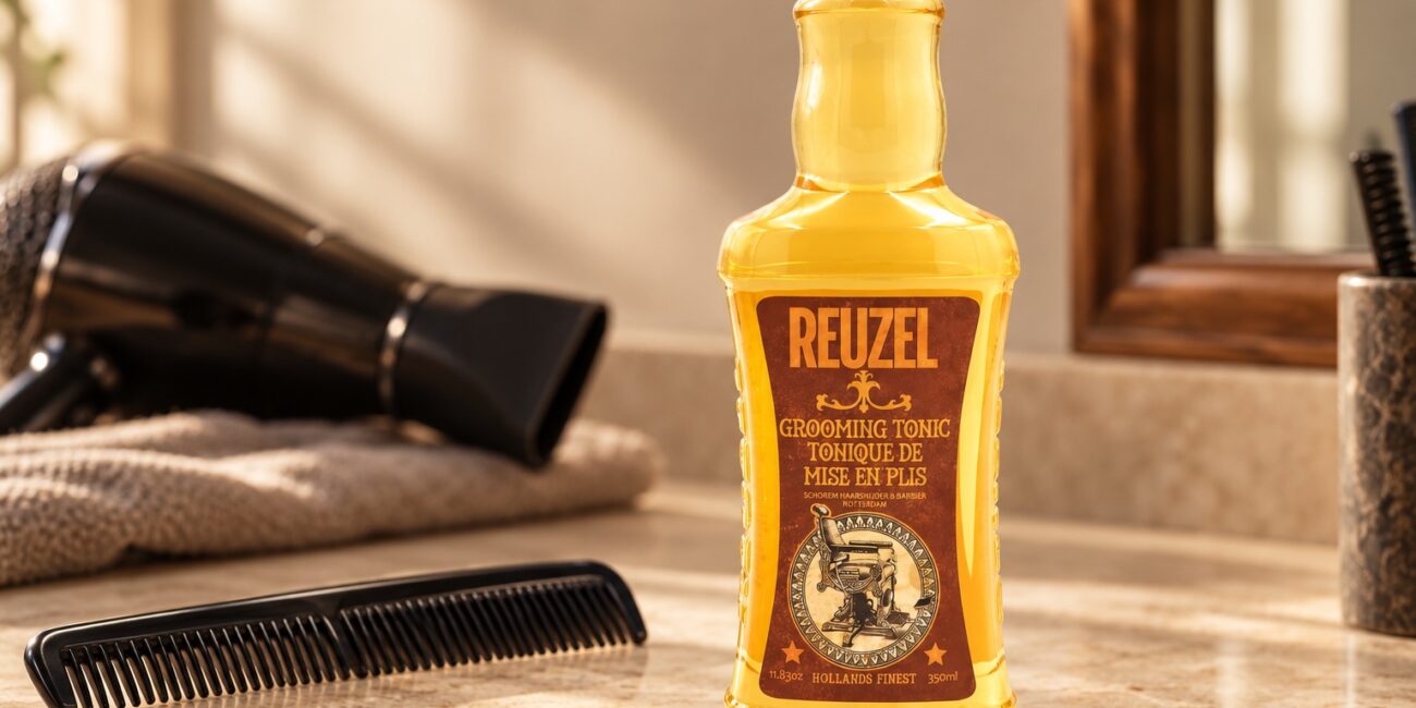 Butelka Reuzel Grooming Tonic 350 ml obok grzebienia na jasnym blacie