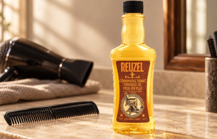 Butelka Reuzel Grooming Tonic 350 ml obok grzebienia na jasnym blacie