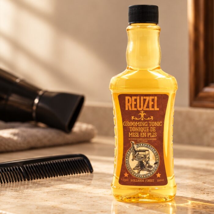 Butelka Reuzel Grooming Tonic 350 ml obok grzebienia na jasnym blacie