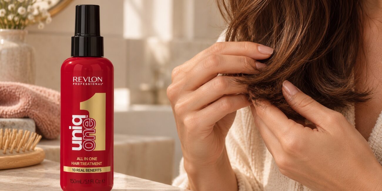 Czerwona butelka Revlon UniqOne obok kobiety układającej końce brązowych włosów.