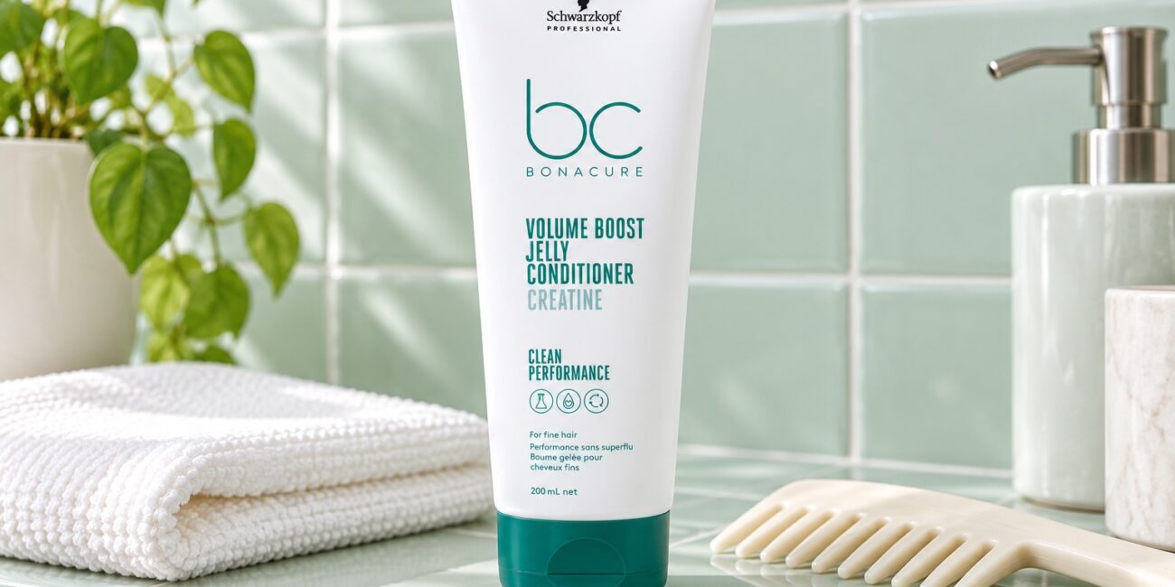 Biała tuba Schwarzkopf BC Volume Boost Jelly Conditioner Creatine na miętowej półce