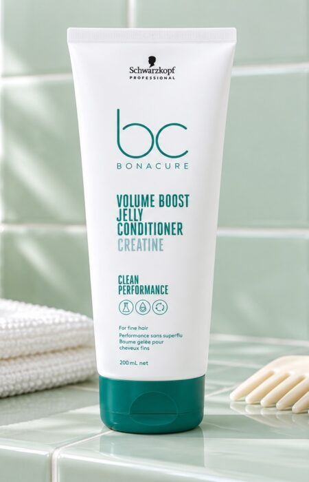 Biała tuba Schwarzkopf BC Volume Boost Jelly Conditioner Creatine na miętowej półce