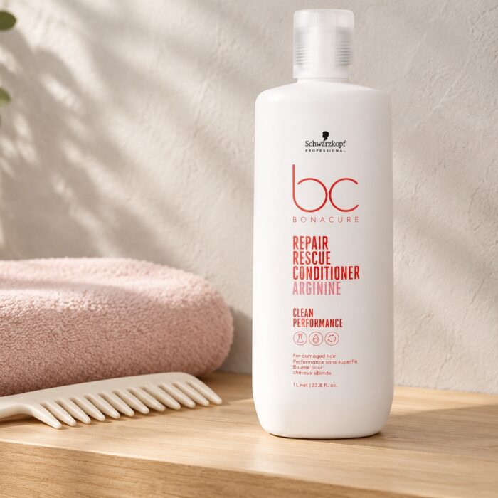 Biała butelka Schwarzkopf BC Repair Rescue Conditioner Arginine 1000 ml z grzebieniem i różowym ręcznikiem
