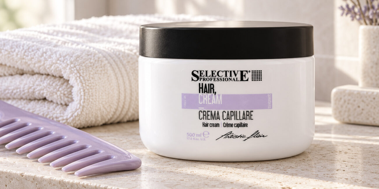Słoik Selective Artistic Flair Hair Cream 500 ml obok grzebienia z szerokimi zębami.