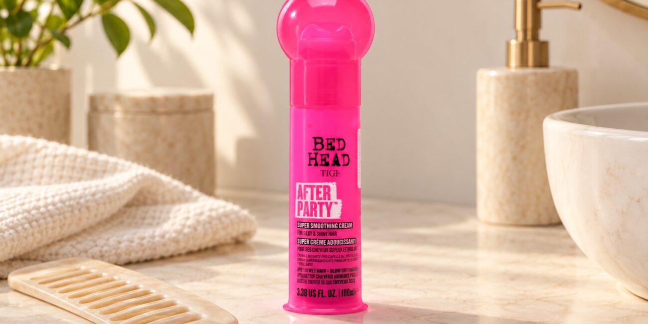Różowe opakowanie kremu TIGI Bed Head After Party 100 ml na jasnym tle