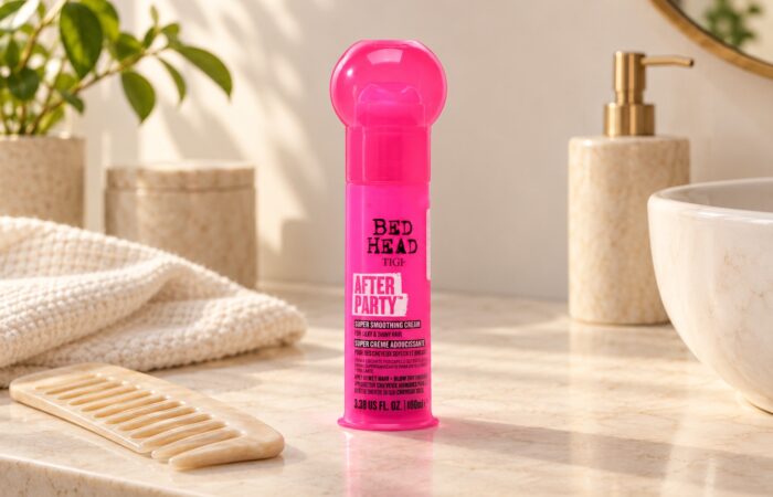 Różowe opakowanie kremu TIGI Bed Head After Party 100 ml na jasnym tle