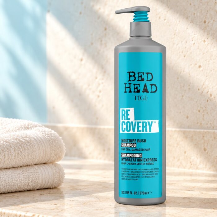 Szara butelka TIGI Bed Head Recovery 970 ml z turkusową etykietą obok jasnych ręczników