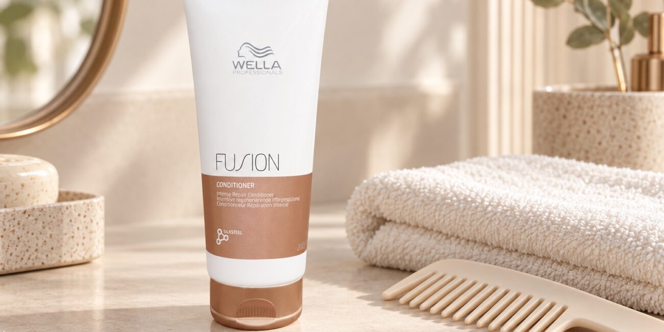 Tuba odżywki Wella Fusion 200 ml obok ręcznika i grzebienia