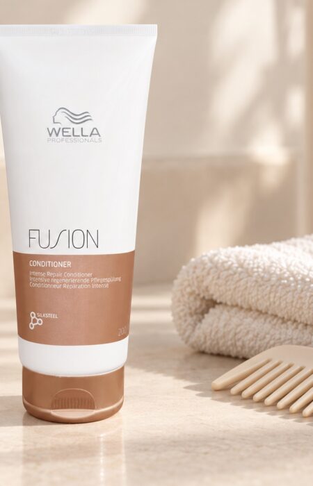Tuba odżywki Wella Fusion 200 ml obok ręcznika i grzebienia