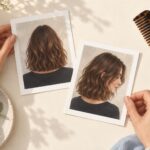 Dwie ilustracyjne fotografie fryzury oglądane na jasnym blacie obok grzebienia